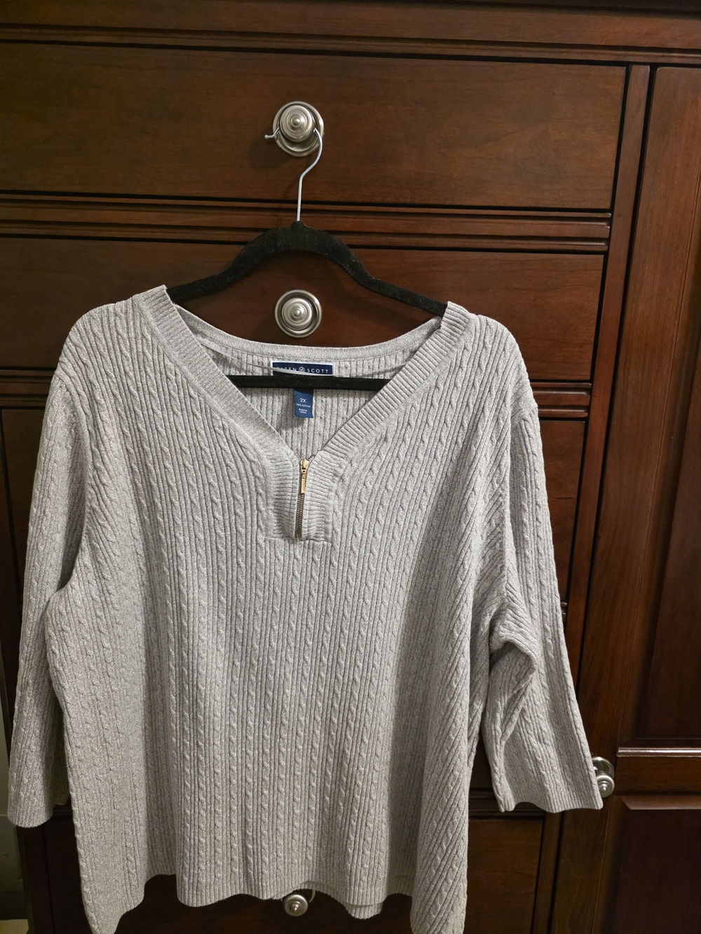 Karen Scott Light Gray Zip V-Neck Cable Knit Sweater